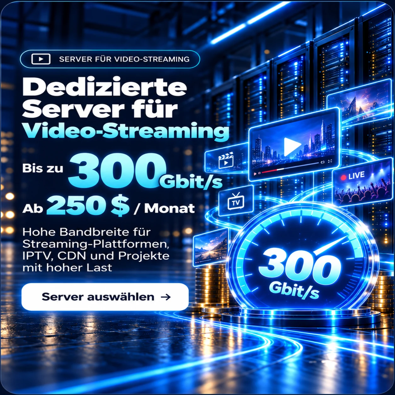 VDSCOM dedizierte Server für Video-Streaming, bis 300 Gbit/s, ab 250 $ pro Monat