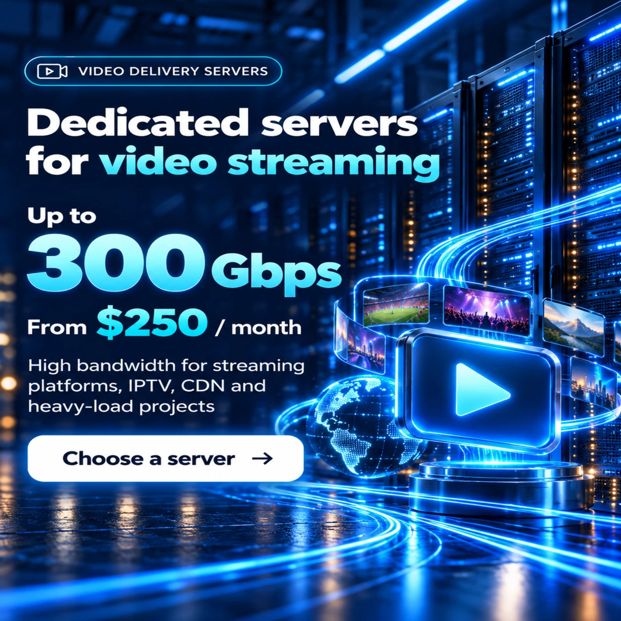 VDSCOM dedicated servers for video delivery and streaming, up to 300 Gbps, from $250 per month